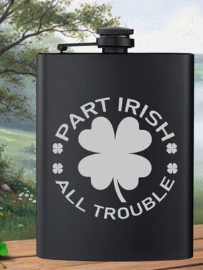Personalized Part Irish Trouble Clover Black Flask | Irish | Irish Gifts | Flask